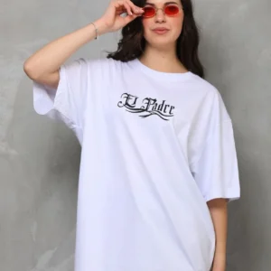 Kadın Kısa Kol Yazlık Tişört Bisiklet Yaka Baskılı Oversize T-Shirt - Beyaz