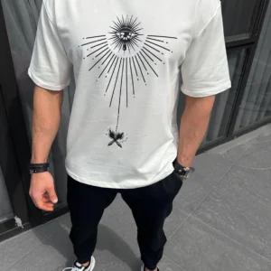 Erkek Kısa Kol Tişört Bisiklet Yaka GÜL Baskılı Oversize T-Shirt - Beyaz