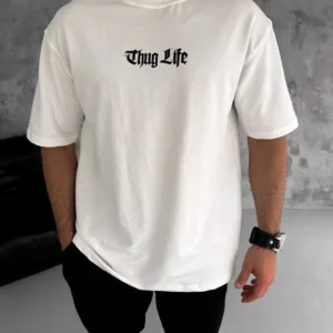 Erkek Kısa Kol Yazlık Tişört Bisiklet Yaka Baskılı Oversize T-Shirt - Beyaz