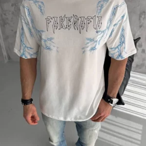 Erkek Bisiklet Yaka Yıldırım Baskılı  Kısa kol T-Shirt - Beyaz