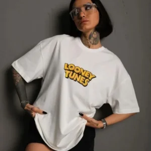 kadın Bisiklet Yaka Baskılı Oversize Kısa kol  T-Shirt - Beyaz