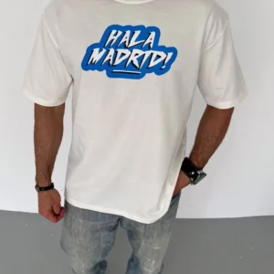 Erkek Kısa Kol Yazlık Tişört Bisiklet Yaka Baskılı Oversize T-Shirt - Beyaz