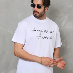 Erkek Kısa Kol Yazlık Tişört Bisiklet Yaka Baskılı Oversize T-Shirt - Beyaz