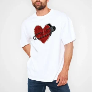 Erkek Kısa Kol Tişört Bisiklet Yaka KALP Baskılı Oversize T-Shirt - Beyaz