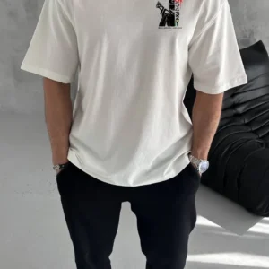 Erkek Kısa Kol Yazlık Tişört Bisiklet Yaka Baskılı Oversize T-Shirt - Beyaz