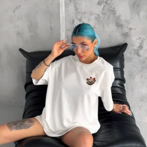 Kadın Kısa Kol Yazlık Tişört Bisiklet Yaka Kuru Kafa Baskılı T-Shirt - Beyaz