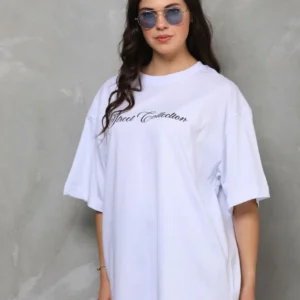 Kadın Baskılı T-Shirt Kısa Kol Bisiklet Yaka Oversize Rahat Kalıp Günlük Tişört - Beyaz