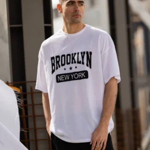 Erkek Kısa Kol Yazlık Tişört Bisiklet Yaka Baskılı Oversize T-Shirt - Beyaz