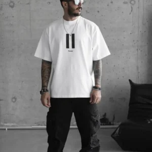 Erkek Kısa Kol Yazlık Tişört Bisiklet Yaka Baskılı Oversize T-Shirt - Beyaz