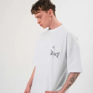 Erkek Kısa Kol Yazlık Tişört Bisiklet Yaka Baskılı Oversize T-Shirt - Beyaz