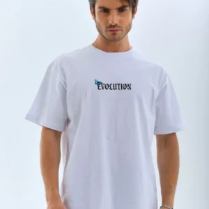 Erkek Kısa Kol Yazlık Tişört Bisiklet Yaka KELEBEK Baskılı T-Shirt - Beyaz