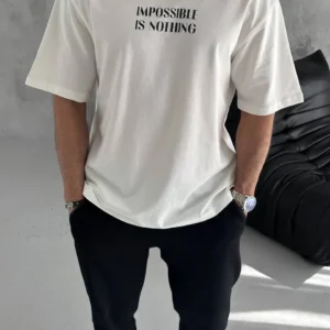 Erkek Bisiklet Yaka Baskılı Oversize  Kısa kol T-Shirt - Beyaz