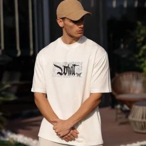Erkek Kısa Kol Yazlık Tişört Bisiklet Yaka Baskılı Oversize T-Shirt - Beyaz