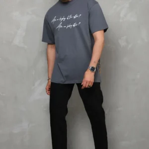 Erkek Kısa Kol Yazlık Tişört Bisiklet Yaka Baskılı Oversize T-Shirt - Füme