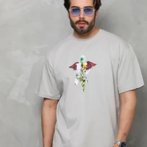 Erkek Baskılı T-Shirt Kısa Kol Bisiklet Yaka Regular Fit Rahat Kalıp Tişört -  Gri