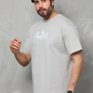 Erkek Kısa Kol Yazlık Tişört Bisiklet Yaka Baskılı Oversize T-Shirt - Gri