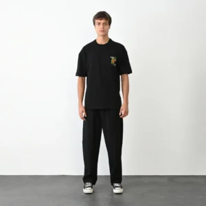 Erkek Kısa Kol Yazlık Tişört Bisiklet Yaka Baskılı Oversize T-Shirt - Siyah