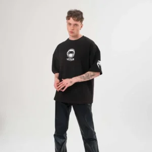 Erkek Kısa Kol Tişört Göğüs ve Kol Bisiklet Yaka Baskılı T-Shirt - Siyah