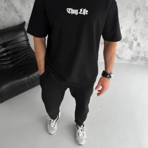 Erkek Kısa Kol Yazlık Tişört Bisiklet Yaka Baskılı Oversize T-Shirt - Siyah