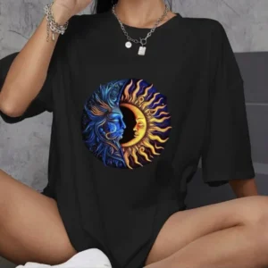 Kadın Baskılı T-Shirt Kısa Kol Bisiklet Yaka Oversize Rahat Kalıp Günlük Tişört   - Siyah