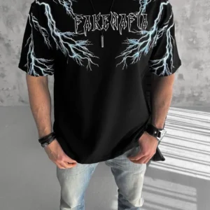 ERKEK Bisiklet Yaka Yıldırım Baskılı Kısa kol T-Shirt-Siyah