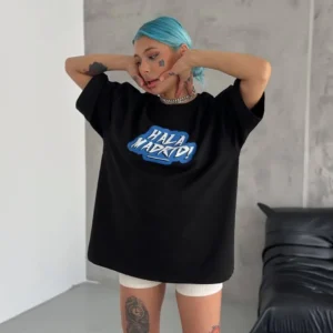 Kadın Kısa Kol Yazlık Tişört Bisiklet Yaka Baskılı Oversize T-Shirt - Siyah