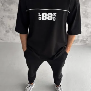 Erkek Kısa Kol Yazlık Tişört Bisiklet Yaka Baskılı Oversize T-Shirt - Siyah