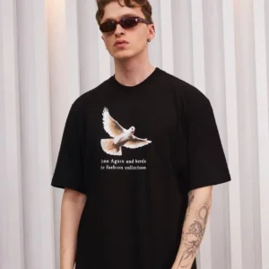 Erkek Kısa Kol Yazlık Tişört Bisiklet Yaka Baskılı Oversize T-Shirt - Siyah