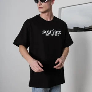 Erkek Kısa Kol Yazlık Tişört Bisiklet Yaka Baskılı Oversize T-Shirt - Siyah