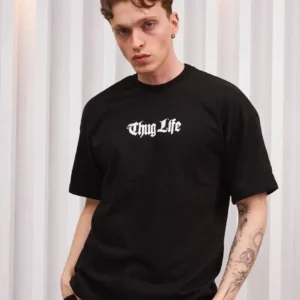 Erkek Bisiklet Yaka Baskılı  Kısa kol Oversize T-Shirt - Siyah