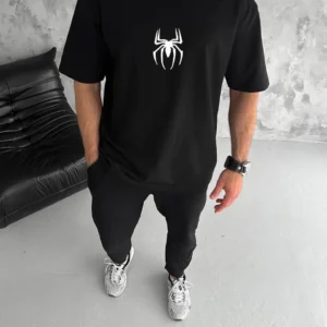 Erkek Kısa Kol Tişört Bisiklet Yaka ÖRÜMCEK Baskılı Oversize T-Shirt - Siyah