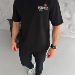 Erkek Kısa Kol Yazlık Tişört Bisiklet Yaka Baskılı Oversize T-Shirt - Siyah