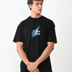 Erkek Kısa Kol Yazlık Tişört Bisiklet Yaka Baskılı Oversize T-Shirt - Siyah