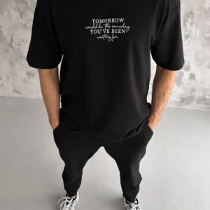 Erkek Kısa Kol Yazlık Tişört Bisiklet Yaka Baskılı Oversize T-Shirt - Siyah