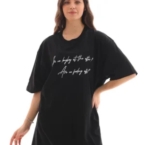 Kadın Kısa Kol Yazlık Tişört Bisiklet Yaka Baskılı Oversize T-Shirt - Siyah