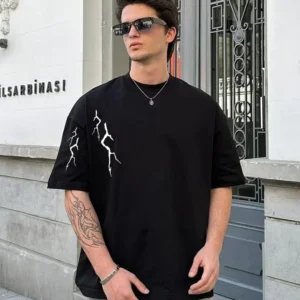 Erkek Kısa Kol Tişört Bisiklet Yaka Yıldırım Baskılı Oversize T-Shirt - Siyah
