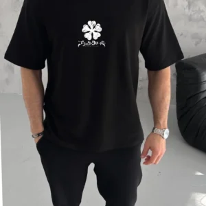 Erkek Kısa Kol Tişört Bisiklet Yaka YONCA Baskılı Oversize T-Shirt - Siyah