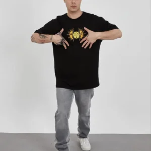 Erkek Kısa Kol Yazlık Tişört Bisiklet Yaka Baskılı Oversize T-Shirt - Siyah