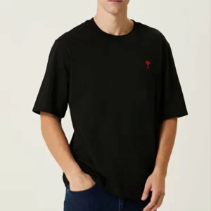 Erkek Kısa Kol Tişört Bisiklet Yaka KALP Baskılı Oversize T-Shirt - Siyah