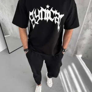 Erkek Tişört Bisiklet Yaka Baskılı Oversize Kısa kol T-Shirt - Siyah