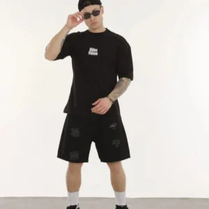 Erkek Kısa Kol Yazlık Tişört Bisiklet Yaka Baskılı Oversize T-Shirt - Siyah