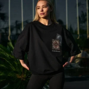 kadın Bisiklet Yaka Baskılı  Kısa kol Oversize T-Shirt - Siyah