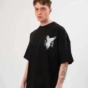 Erkek Kısa Kol Yazlık Tişört Bisiklet Yaka Baskılı Oversize T-Shirt - Siyah