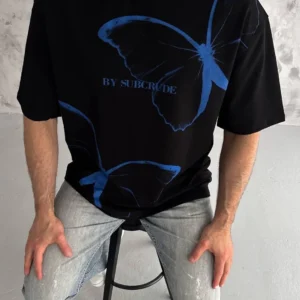 Erkek Kısa Kol Yazlık Tişört Bisiklet Yaka Baskılı Oversize T-Shirt - Siyah