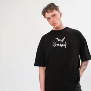 Erkek Kısa Kol Yazlık Tişört Bisiklet Yaka Baskılı Oversize T-Shirt - Siyah