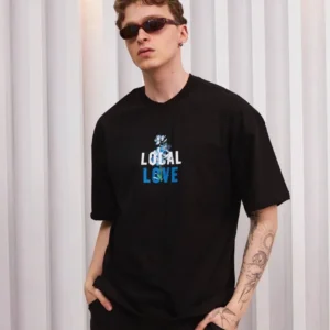 ERKEK Bisiklet Yaka Baskılı Oversize Kısa kol T-Shirt - Siyah