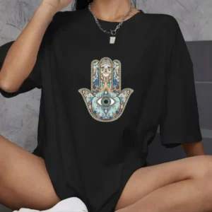 Kadın Baskılı T-Shirt Kısa Kol Bisiklet Yaka Oversize Rahat Kalıp Günlük Tişört   - Siyah