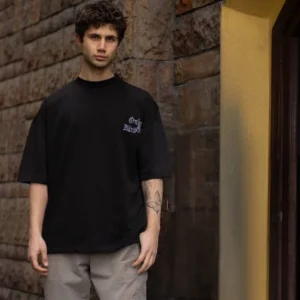 Erkek Kısa Kol Yazlık Tişört Bisiklet Yaka Baskılı Oversize T-Shirt - Siyah