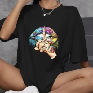 Kadın Baskılı T-Shirt Kısa Kol Bisiklet Yaka Oversize Rahat Kalıp Günlük Tişört   - Siyah