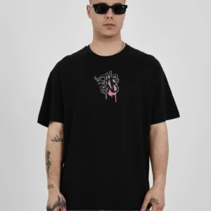 Erkek Kısa Kol Yazlık Tişört Bisiklet Yaka Baskılı Oversize T-Shirt - Siyah